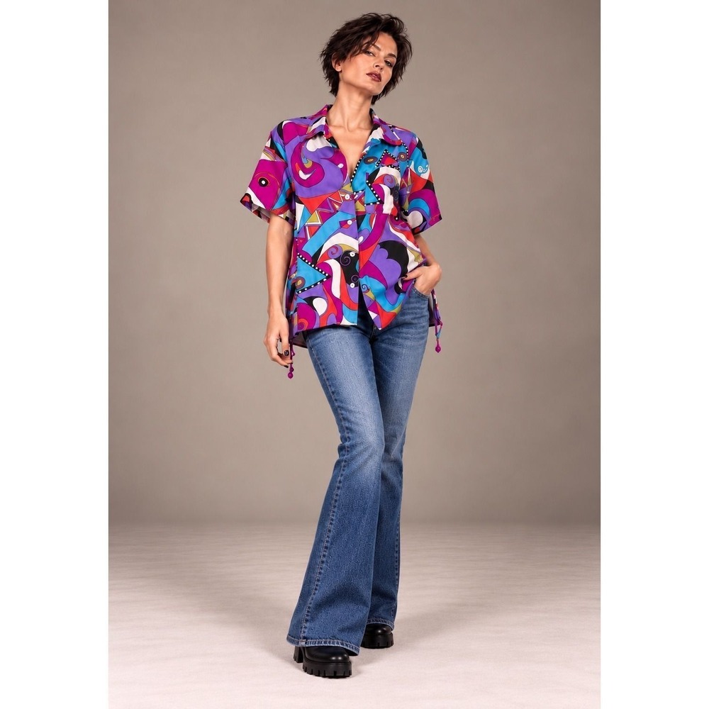 Diane Freis Small Silk Blouse Multicolor Abstract Print Vintage 80s 90s